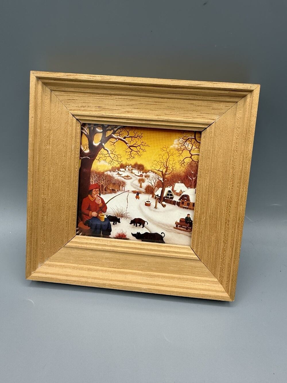 Vintage Style Folk Art Winter Village Fishing Scene Framed Wall Decor